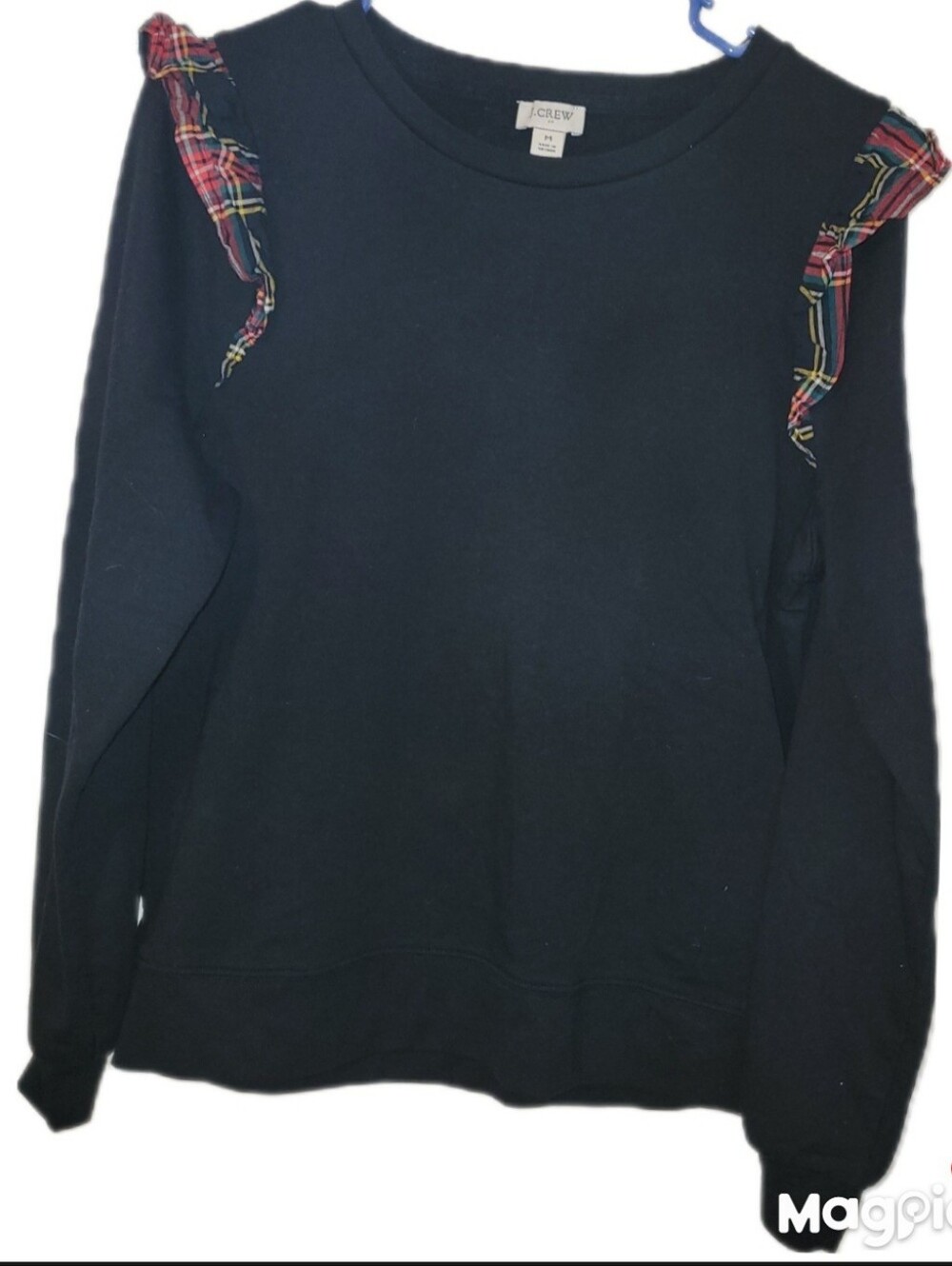 J. Crew Black Crewneck Sweater with Red Tartan Ruffle Shoulders Size Med